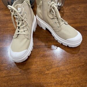 Palladium Tan Twill Boots with chunky White Soles